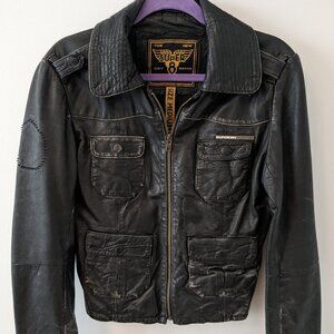 Superdry black leather jacket - vintage worn
